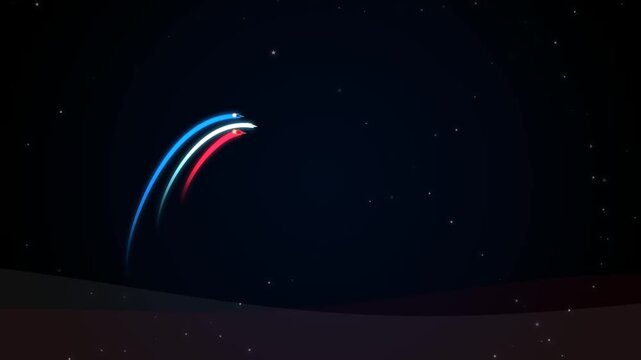 Three colorful kites flying high in the dark night sky with glowing light trails 4K Motion Video