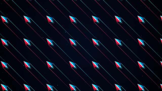 Abstract geometric pattern with repeating triangular kite shapes in red and blue colors on a dark black background 4K Motion Video