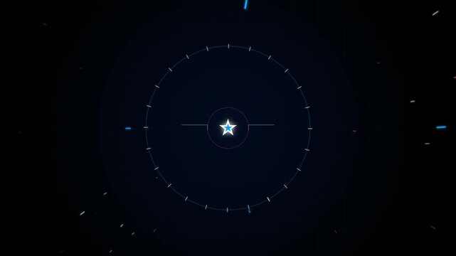 Glowing blue star icon centered inside a circular digital radar scope with particles in dark space 4K Motion Video