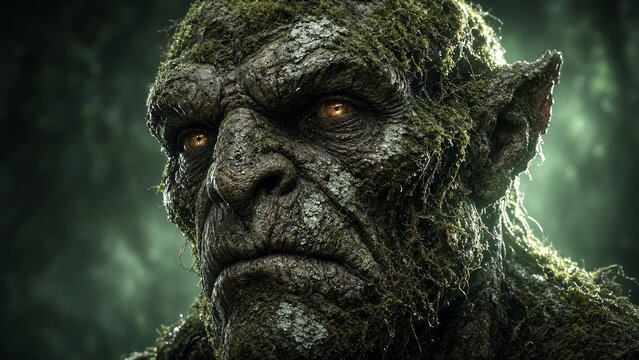Cinematic portrait of a forest troll creature. Close-up of a nature spirit with bark skin and moss