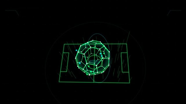 Glowing digital soccer ball and field graphic with a modern neon green wireframe style on a dark black background 4K Motion Video