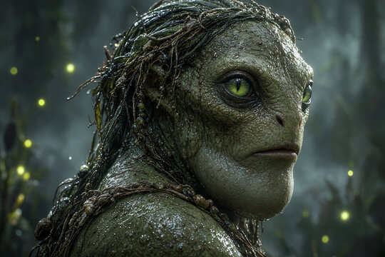 Close up portrait of a green swamp monster with reptilian eyes. Fantasy amphibian creature with wet bumpy skin and vine hair in a dark marsh with fireflies