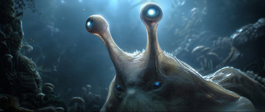 Close-up of a bizarre slug-like alien creature with glowing blue eyes on stalks. Cinematic sci-fi monster with translucent veiny skin in a dark environment