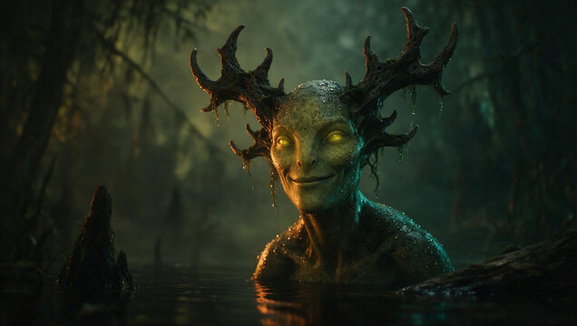 Cinematic portrait of a smiling swamp creature with glowing yellow eyes. Fantasy water monster with mossy horns in dark marsh