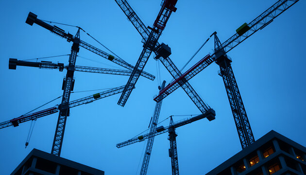 Construction cranes and building structures at blue hour