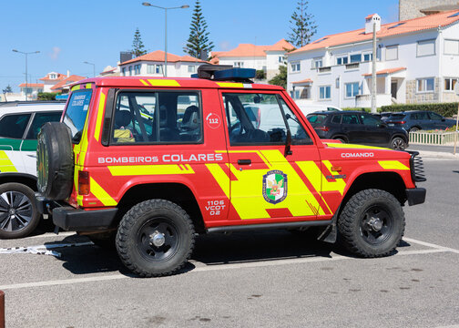 20260830 Colares, Portugal - Red off-road command vehicle belonging to the Colares Volunteer Firefighters (Bombeiros Volunt&aacute;rios de Colares), Portugal. The 4x4 emergency vehicle features high-visibili