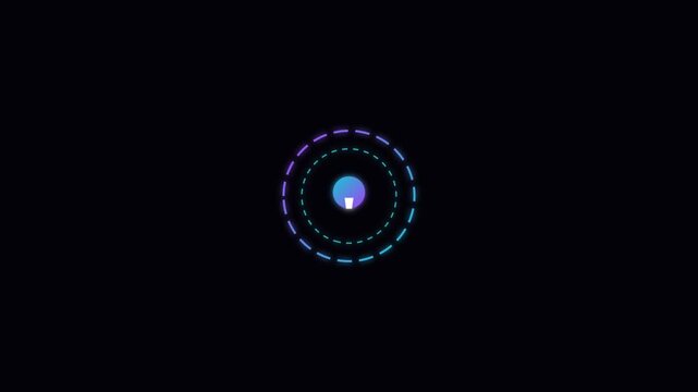 Minimalist glowing light bulb with rotating circular loading animation on dark 4k background, idea innovation