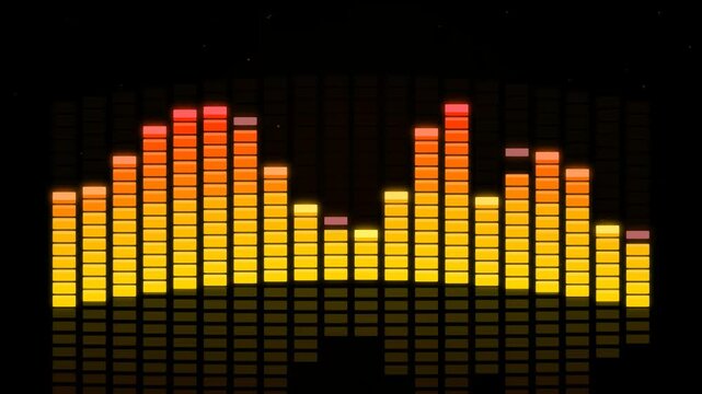 Colorful digital audio equalizer bars showing sound frequency levels on a dark black background 4K Motion Video