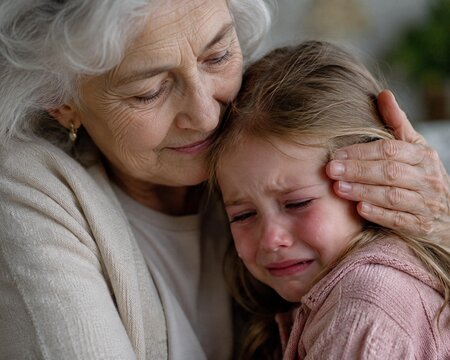 Caring senior grandmother embracing and comforting her sad crying little granddaughter. Concept of family support, empathy and generations