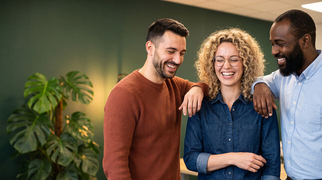 Group of happy multiethnic colleagues laughing together in modern office, diverse creative team portrait with arms on shoulders, friendship and positive workplace culture concept