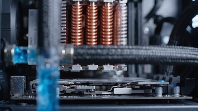 Close-Up of Advanced Gaming PC Hardware with Copper Heatsink and Liquid Cooling System Inside Modern Computer Case