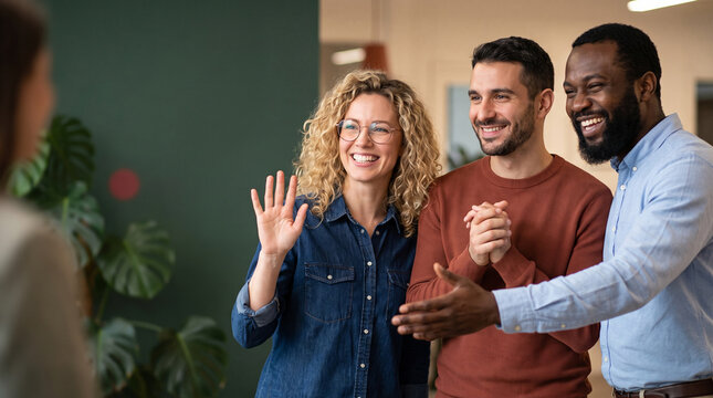 Friendly multiethnic creative team smiling and welcoming new colleague or client in office, woman waving hand and man extending arm for handshake, onboarding and greeting concept