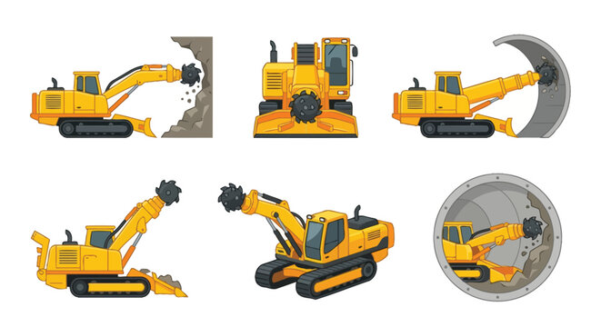 Roadheader and Tunnel Boring Machine Illustration Set for Mining and Construction