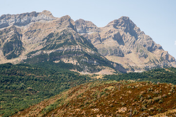 Fototapeta premium The jagged limestone summits of the Pyrenees tower over green wooded slopes in the Tena Valley of Aragon Spain on a clear summer day a majestic mountain landscape of solitude and natural freedom.