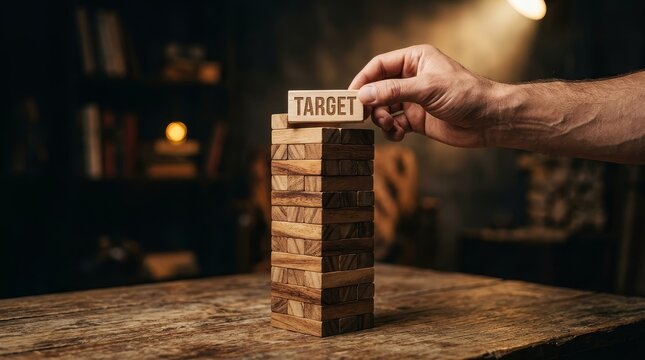 Hand places block with target onto wooden tower