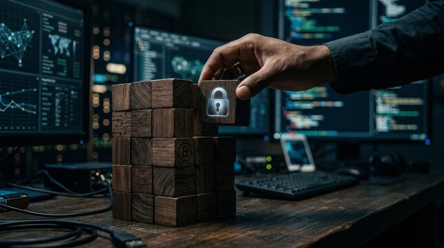 Hand places cube with lock icon on wooden blocks near computers