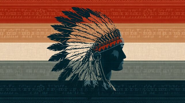 Indigenous chief profile in feathered war bonnet, earth-tone stripes with tribal patterns, backdrop ideal for cultural heritage posters and editorial designs