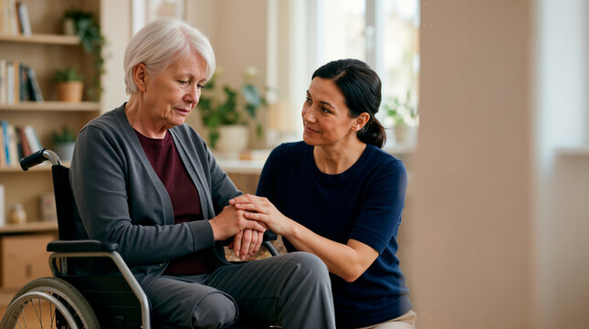 Elderly woman with an amputated leg sitting in a wheelchair during psychological counseling. Female psychologist holding hands and offering emotional support to a senior disabled patient
