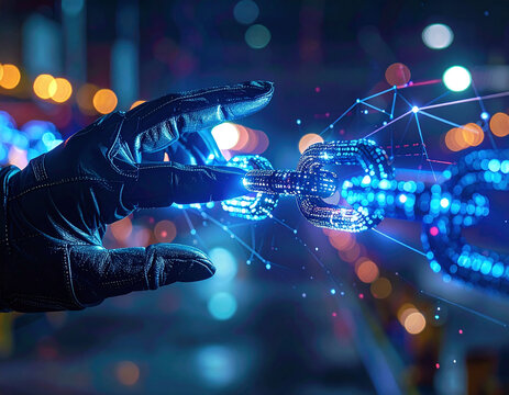 A gloved hand touches a glowing digital blockchain link, evoking mysterious cyber threats and data breach risks in futuristic tech security. Neon bokeh lighting, nobody around.