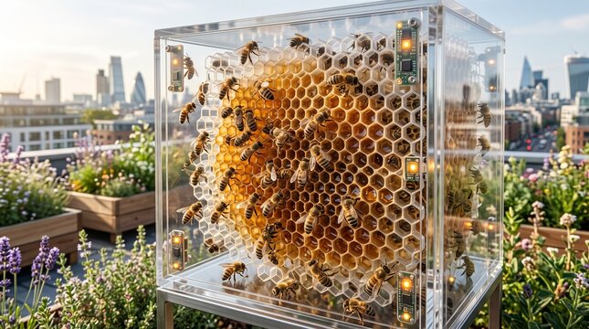 Realism outdoor photography of a transparent acrylic smart beehive box equipped with IoT sensors on an urban rooftop garden, ideal for smart apiculture, urban biodiversity, and eco-tech research conce