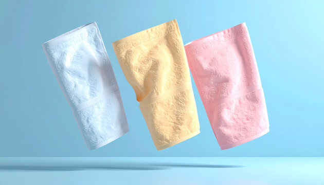 Three colorful pouches seemingly suspended in mid-air against a soft blue gradient background, showcasing texture and folds