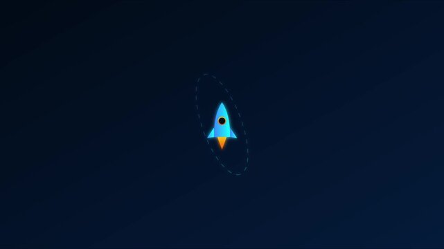 Minimalist rocket ship orbiting in space animation, blue gradient 4k