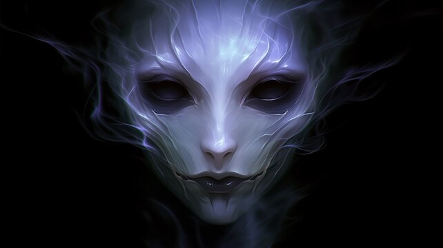 Demon face from swirling purple violet mist, hollow black void eyes, supernatural horror entity for Halloween haunt attractions and dark fantasy game art