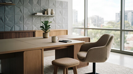 Fototapeta premium Modern office desk and chair in a bright city building
