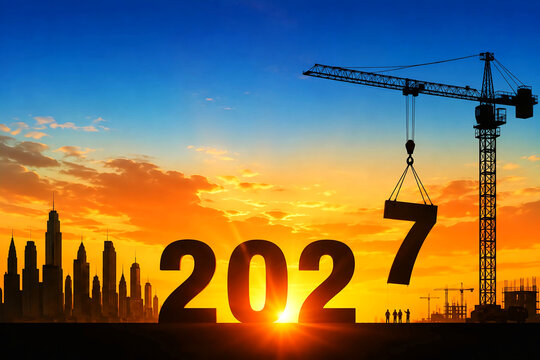 2027 new year construction and urban development concept with crane at sunset | 2027 new year concept with construction crane city skyline and dramatic sunset