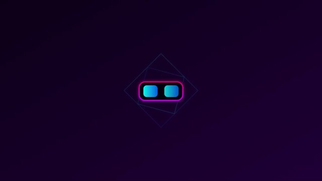 Neon digital robot face animation with rotating geometric frames on dark 4k background, technology