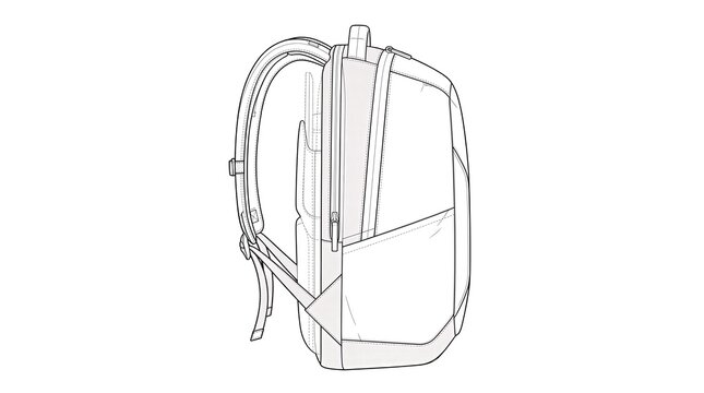 Side view technical line art illustration of a modern travel backpack outline sketch isolated on white background