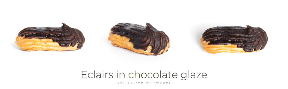 Eclairs in chocolate glaze isolated on a white background.