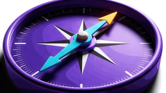 Purple compass with navigation direction orienting instrument geography