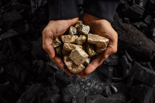 Wealth creation and investment success, hands holding raw gold nuggets over dark coal background value discovery and mining industry growth