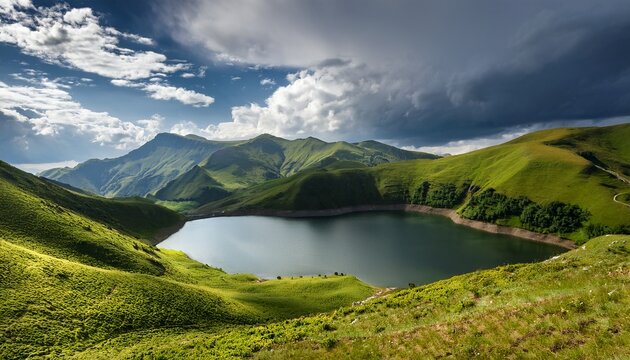 Serene Mountain Landscape With Lake And Rolling Green Hills Under A Dramatic Sky