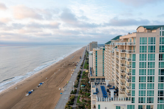 Aerial View of the Virginia Beach Oceanfront With Hotels and the Boardwalk in a Line Looking South