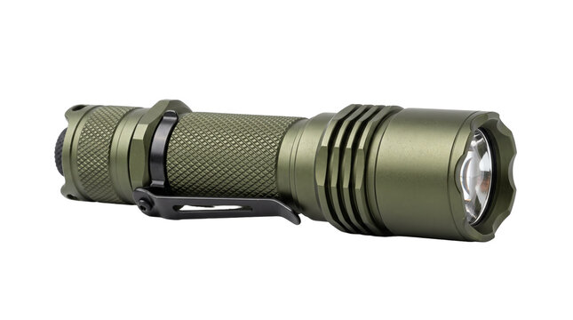 Tactical Military Style Green LED Flashlight with Pocket Clip PNG Isolated on transparent background