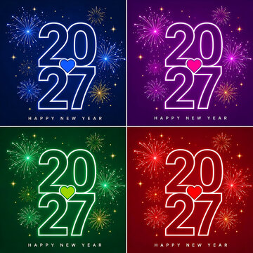 2027 happy new year colorful fireworks celebration backgrounds with heart designs | colorful 2027 happy new year designs with hearts and fireworks in four vibrant backgrounds