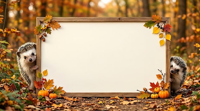 Two cute hedgehogs peeking from behind a blank wooden frame in an autumn forest.