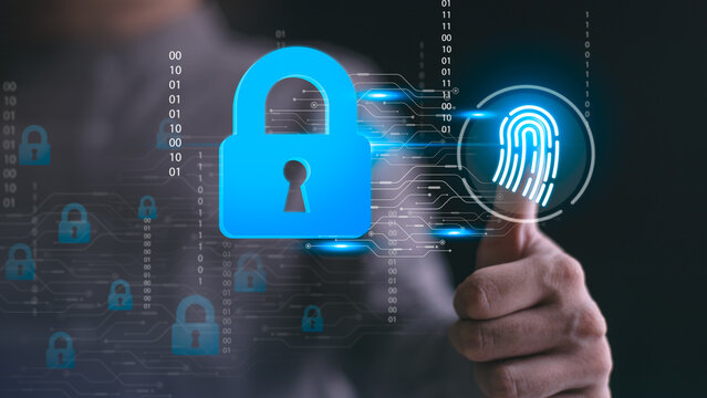 Cybersecurity specialist uses biometric authentication, fingerprint recognition, data encryption, identity verification, access control, and network security to protect sensitive digital information.
