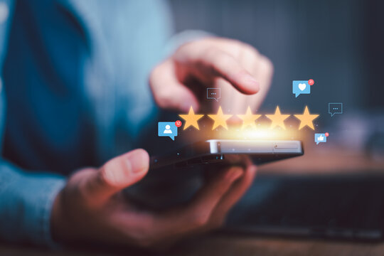 Marketing manager analyzes customer satisfaction, five-star ratings, online reviews, feedback, service quality, digital reputation, and engagement to improve customer experience and loyalty.