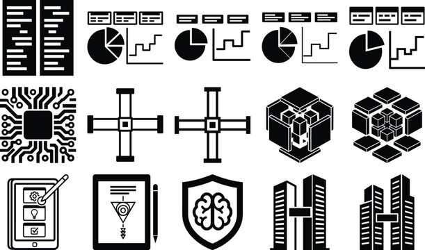Collection of black vector illustrations depicts data processing network infrastructure and artificial intelligence concepts algorithm automation binary circuit cityscape