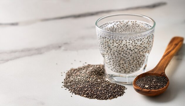 Glass Of Hydrated Chia Seeds And Wooden Spoon With Dry Chia On Light Marble Background