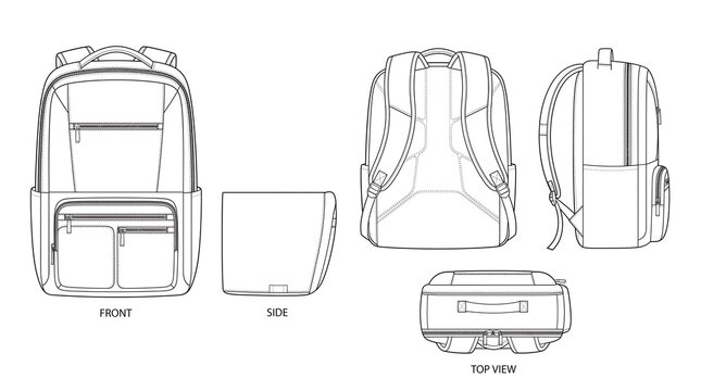 Technical drawing of modern backpack design with multiple view angles vector template