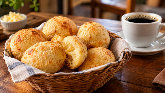 Traditional Brazilian Cheese Bread with Coffee on a Rustic Wooden Table 