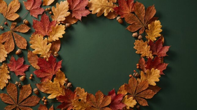 Autumn leaves wreath maple oak chestnut foliage acorns berries arranged circle shape neatly, dark green background copy space area, elegant seasonal flat lay styling. Festive fall decoration theme