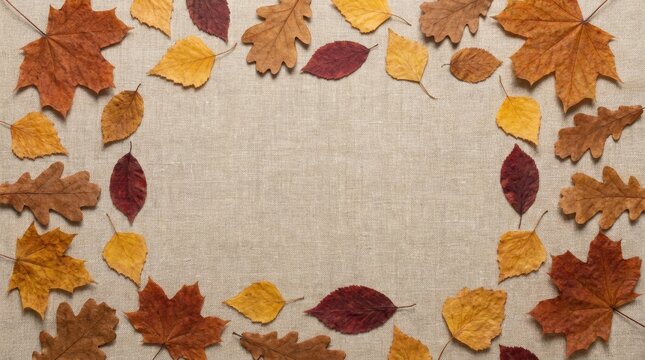 Dried autumn leaves border frame maple oak birch dried foliage, beige linen fabric texture copy space center area, rustic cozy flat lay arrangement styling composition. Autumn fall decoration theme