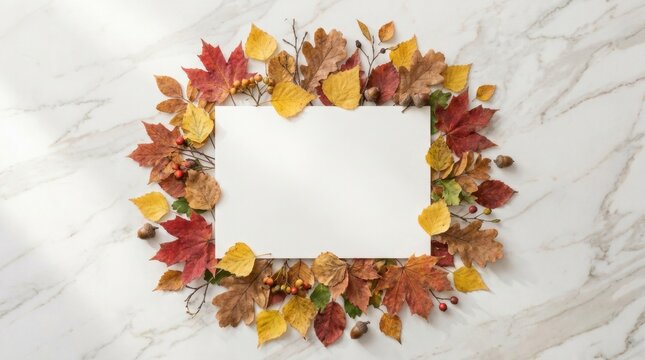 Autumn leaves wreath oak maple birch dried foliage arranged oval shape, white marble tabletop copy space center area, elegant minimalist flat lay styling composition. Seasonal fall decoration theme