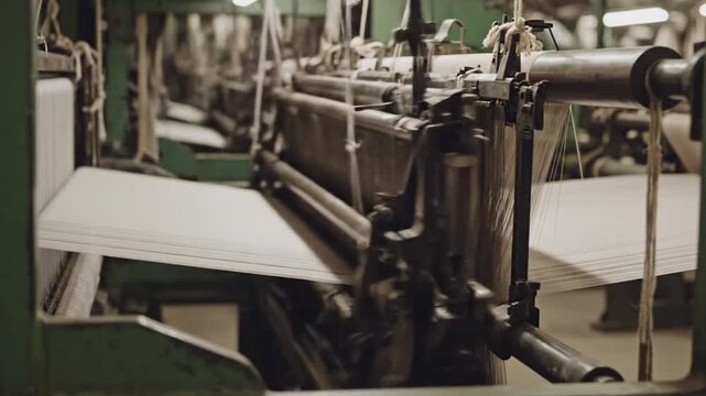 Industrial textile loom machine weaving white fabric in a modern factory setting.