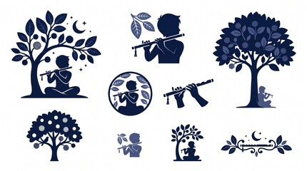 Naklejka premium Boy playing flute silhouette icons set with trees and nature elements for graphic design